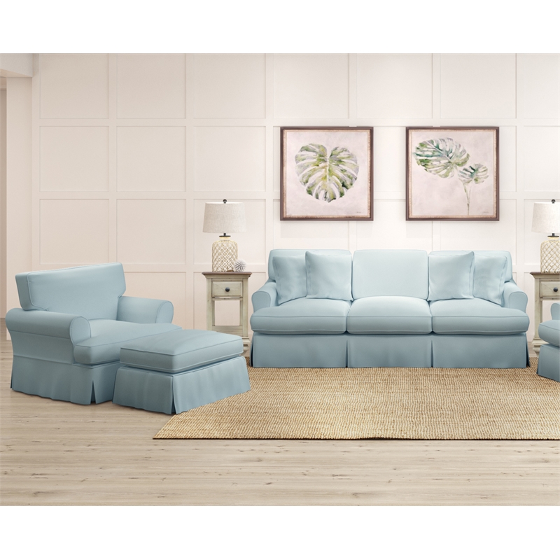 Horizon 3PC Slipcovered Sofa Chair Ottoman Set in Ocean Blue Performance Fabric