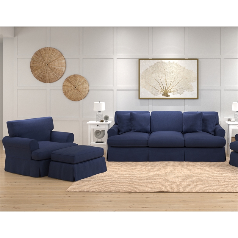 Horizon 3PC Slipcovered Sofa Chair Ottoman Set in Navy Blue Performance Fabric