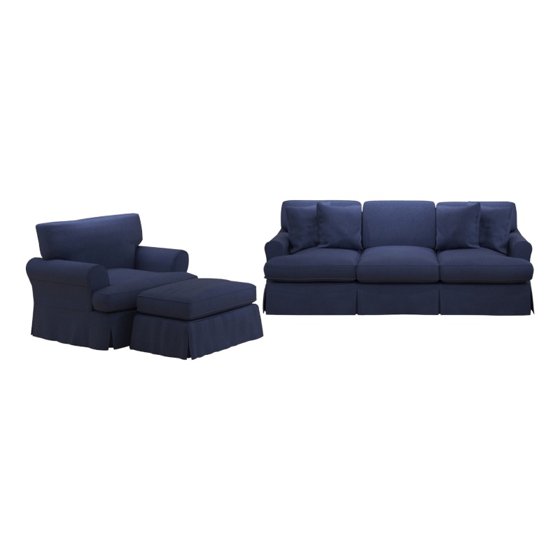 Horizon 3PC Slipcovered Sofa Chair Ottoman Set in Navy Blue Performance Fabric