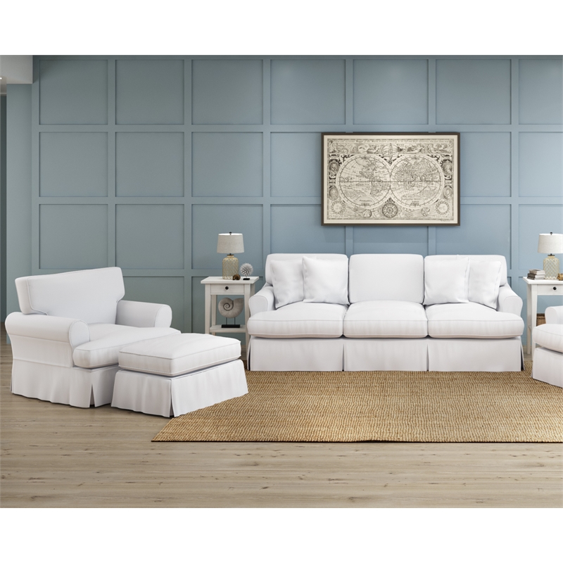 Horizon 3PC Slipcovered Sofa Chair Ottoman Set White Washable Performance Fabric