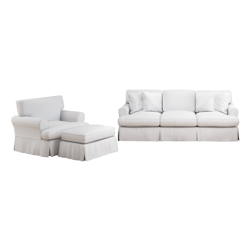 Horizon 3PC Slipcovered Sofa Chair Ottoman Set White Washable Performance Fabric