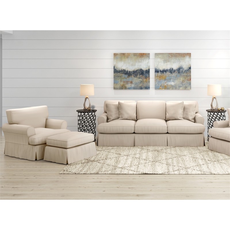 Horizon 3PC Slipcovered Sofa Chair Ottoman Set Tan Washable Performance Fabric