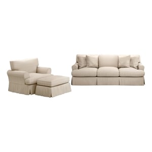 Horizon 3PC Slipcovered Sofa Chair Ottoman Set Tan Washable Performance Fabric