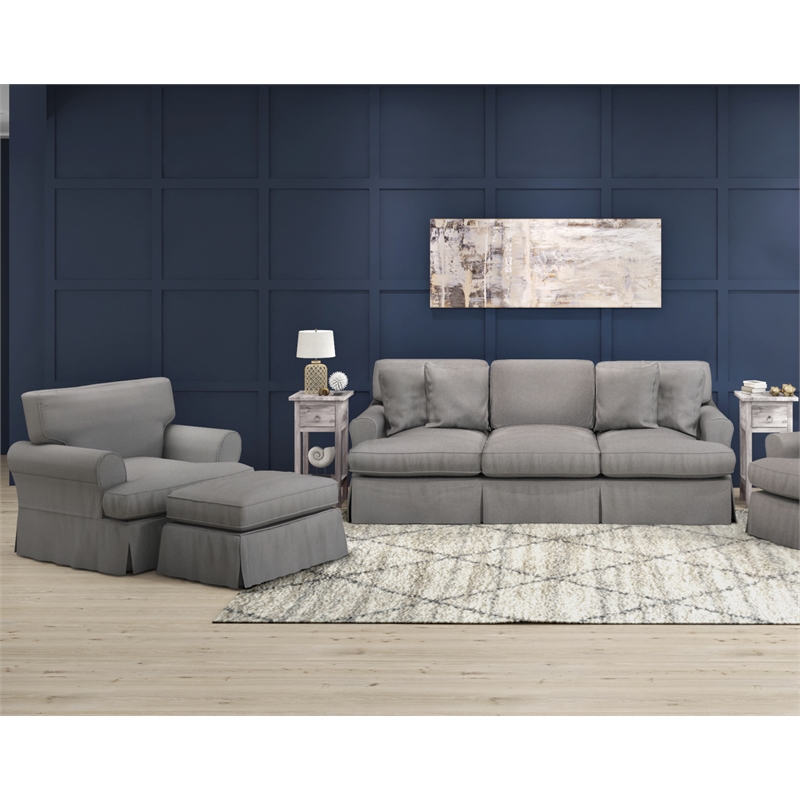 Horizon 3PC Slipcovered Sofa Chair Ottoman Set Gray Washable Performance Fabric