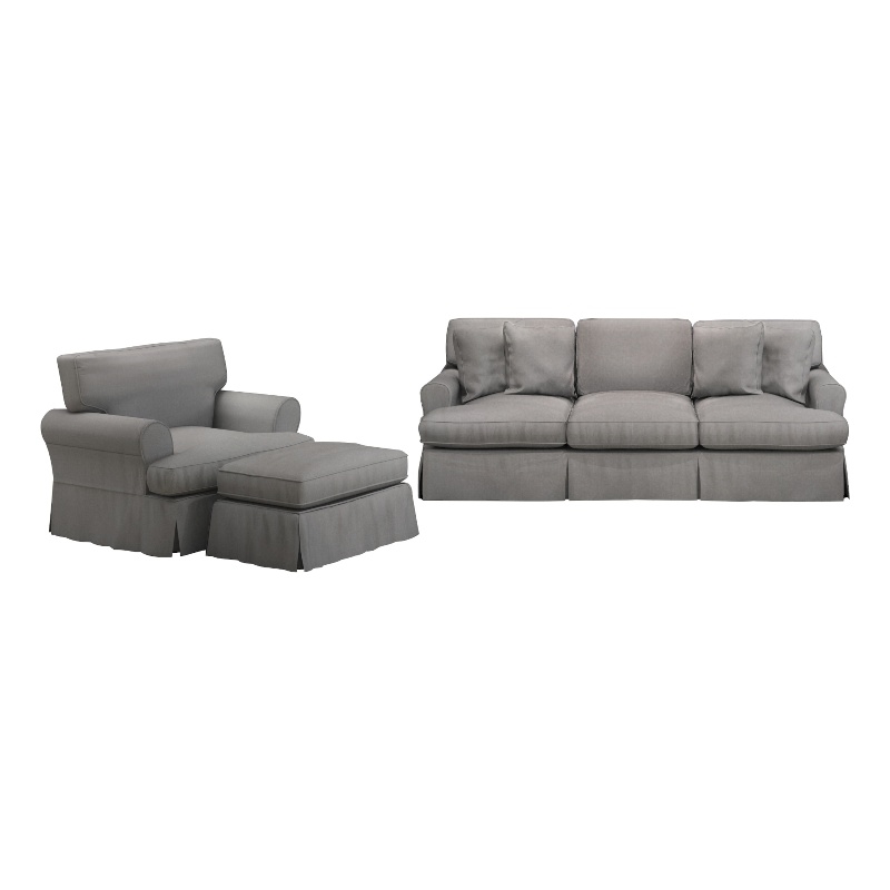 Horizon 3PC Slipcovered Sofa Chair Ottoman Set Gray Washable Performance Fabric