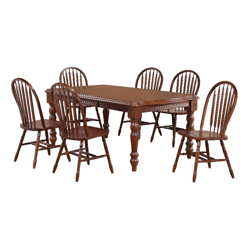 Andrews 7PC Rectangle Extending Dining Set w Windsor Chairs Chestnut Brown Wood