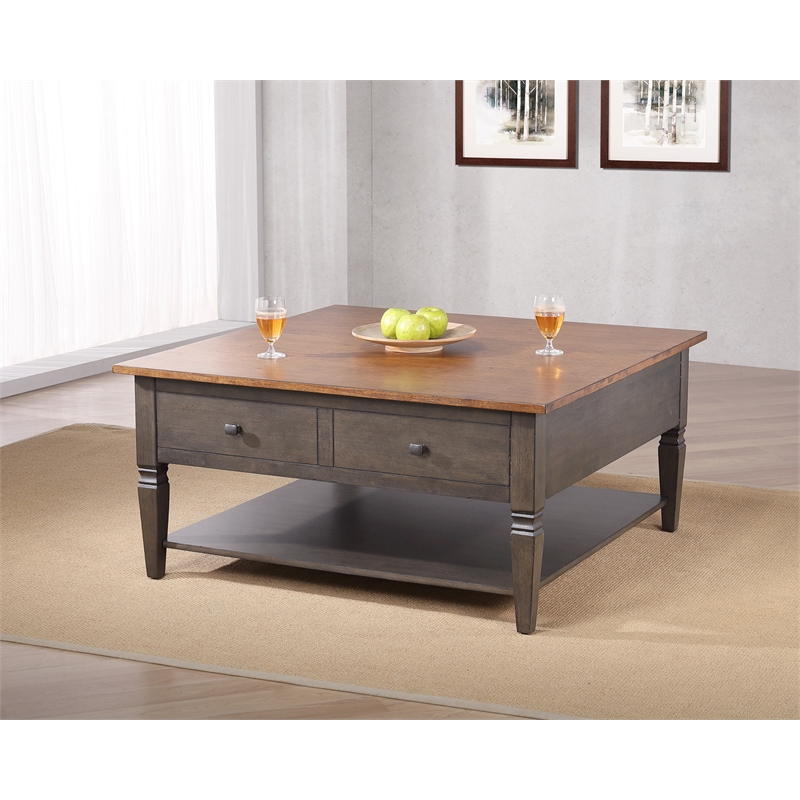 Sunset Trading Dakota Square Coffee Table w Drawers Shelf Brown Gray Solid Wood