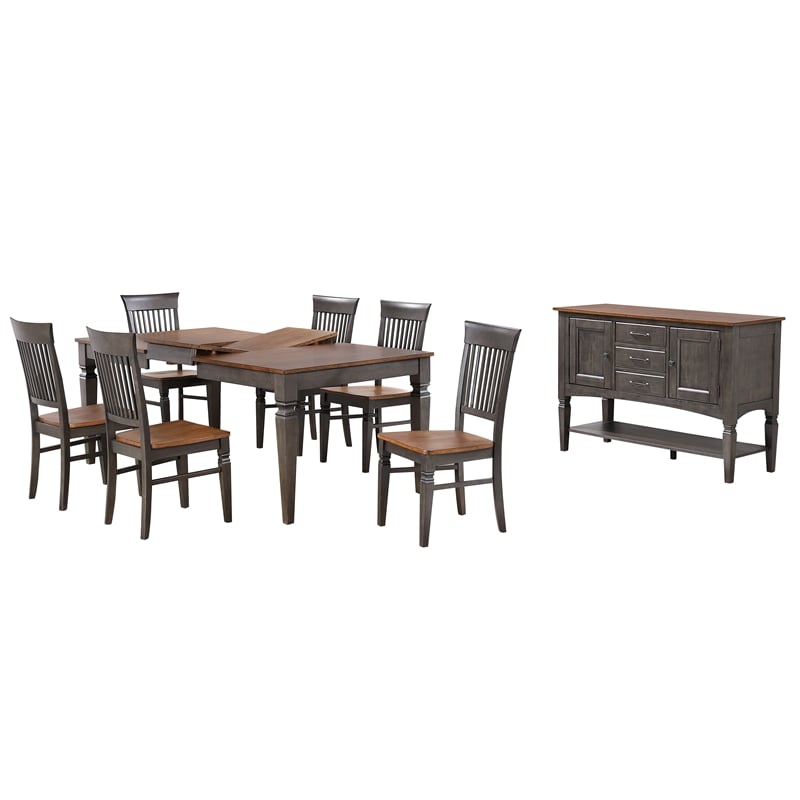 Dakota 8PC 60-78-in Rectangle Expand Dining Table Set w Buffet Brown Gray Wood