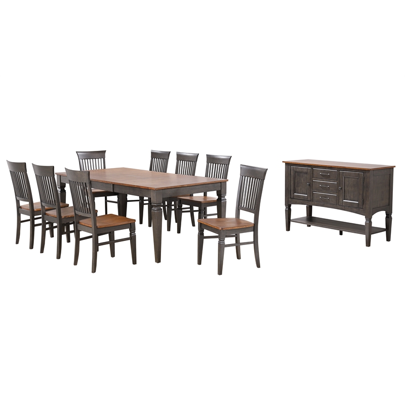 Dakota 10PC 60-78-in Rectangle Expand Dining Table Set w Buffet Brown Gray Wood