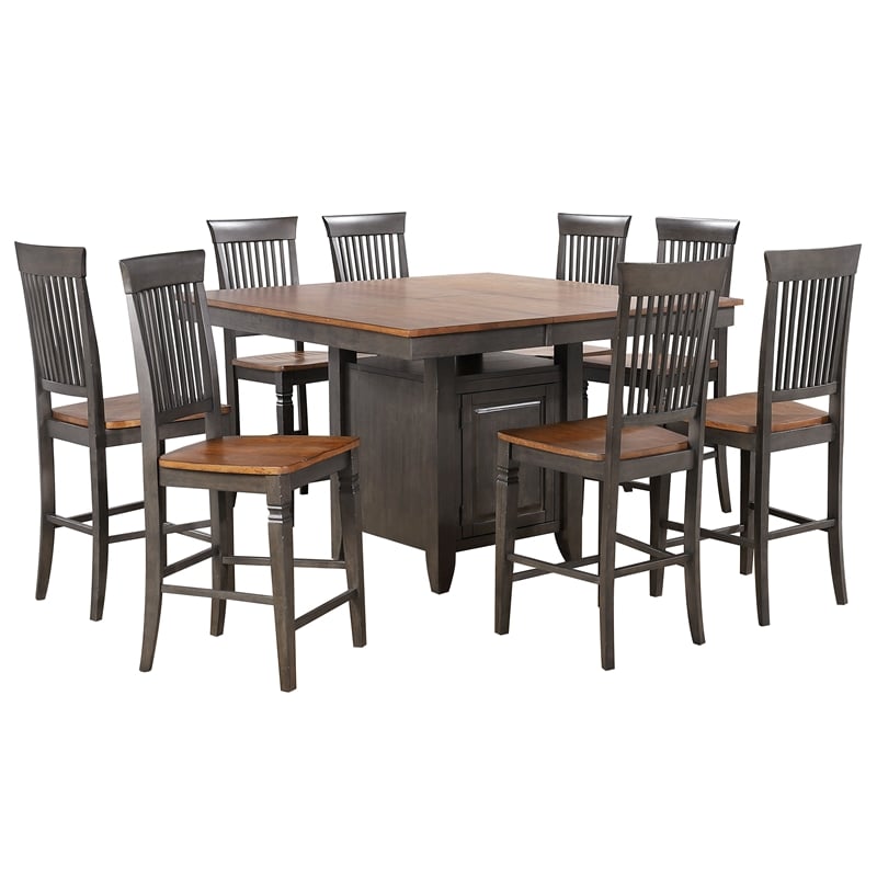 Dakota 9PC Extendable 42-54-in Pub Dining Storage Table Set in Brown & Gray Wood