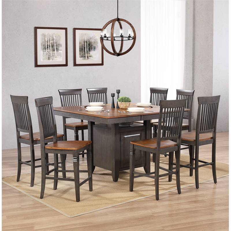 Dakota 9PC Extendable 42-54-in Pub Dining Storage Table Set in Brown & Gray Wood