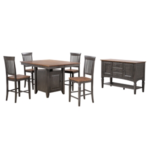 Dakota 6PC Extendable 42-54-in Pub Dining Table Set w Buffet Brown Gray Wood