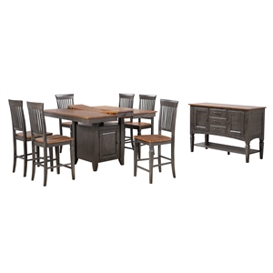 Dakota 8PC Extendable 42-54-in Pub Dining Table Set w Buffet Brown Gray Wood