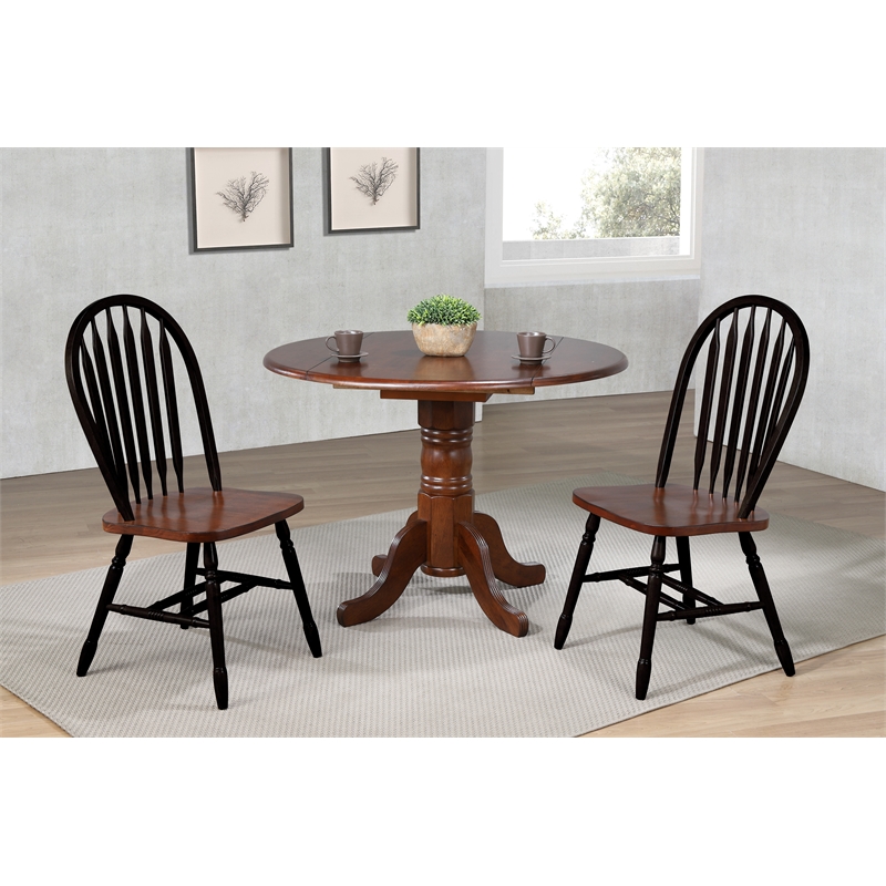 Sunset Trading 3PC 42-in Round Extending Dropleaf Dining Set in Black Brown Wood