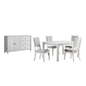 Dover 60-78-96&quot Rectangle Expand Dining Table Set White Wood Server Padded Chair
