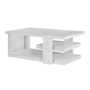 Dover 50&quotW Rectangle Cocktail Table w Storage Shelves in Cerused White Oak Wood