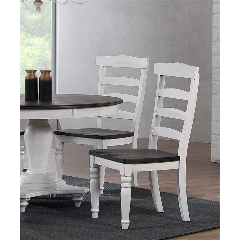 French Chic Ladder Back Dining Chairs Set of 2 Antique White & Walnut Brown Wood