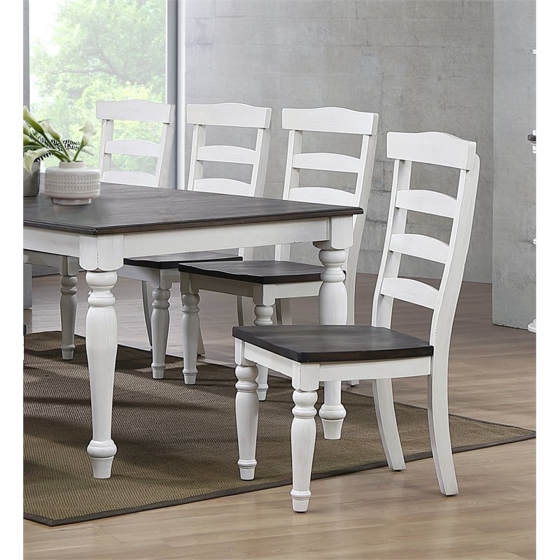 French Chic Ladder Back Dining Chairs Set of 2 Antique White & Walnut Brown Wood
