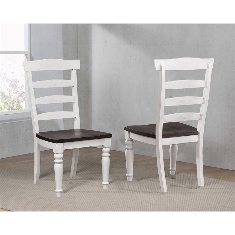 French Chic Ladder Back Dining Chairs Set of 2 Antique White & Walnut Brown Wood