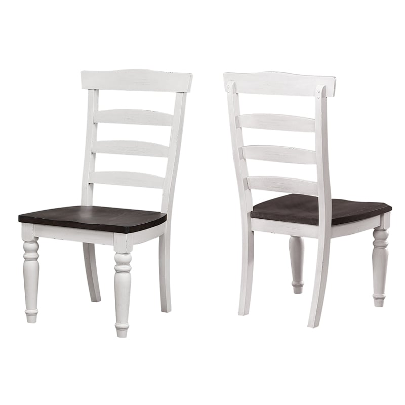 French Chic Ladder Back Dining Chairs Set of 2 Antique White & Walnut Brown Wood