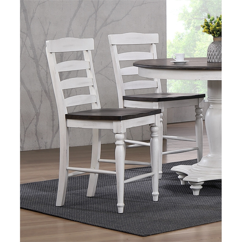 French Chic Ladderback Barstools Set of 2 Antique White & Walnut Brown Wood