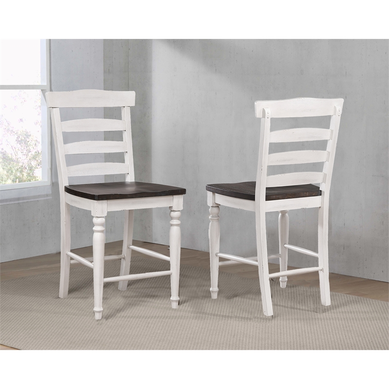 French Chic Ladderback Barstools Set of 2 Antique White & Walnut Brown Wood