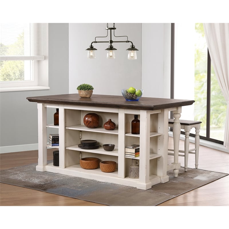 French Chic Dropleaf Kitchen Island Bar Antique White & Walnut Brown Wood