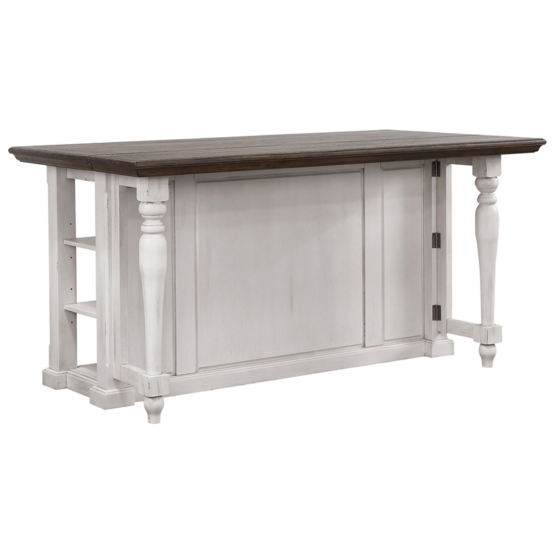 French Chic Dropleaf Kitchen Island Bar Antique White & Walnut Brown Wood