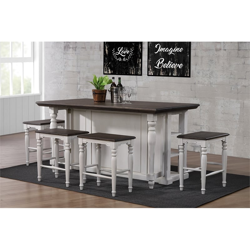French Chic Dropleaf Kitchen Island Bar Antique White & Walnut Brown Wood
