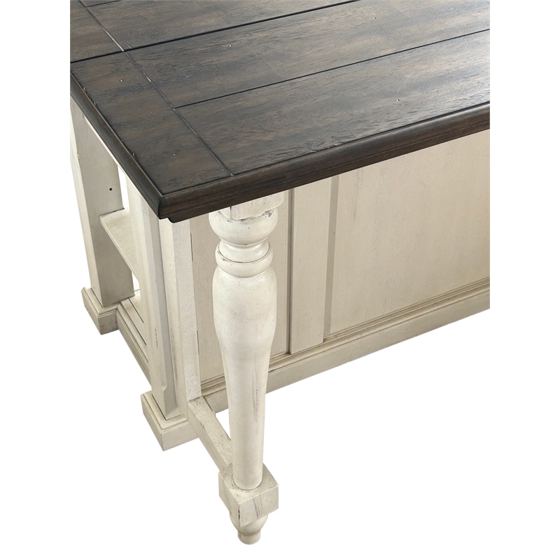 French Chic Dropleaf Kitchen Island Bar Antique White & Walnut Brown Wood