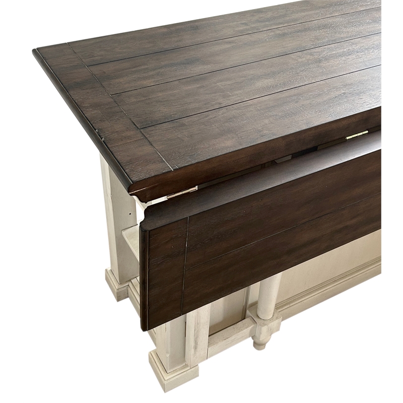 French Chic Dropleaf Kitchen Island Bar Antique White & Walnut Brown Wood