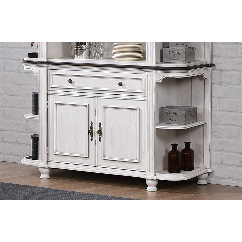 French Chic Sideboard with Storage & Display Shelves Off White/Walnut Brown Wood