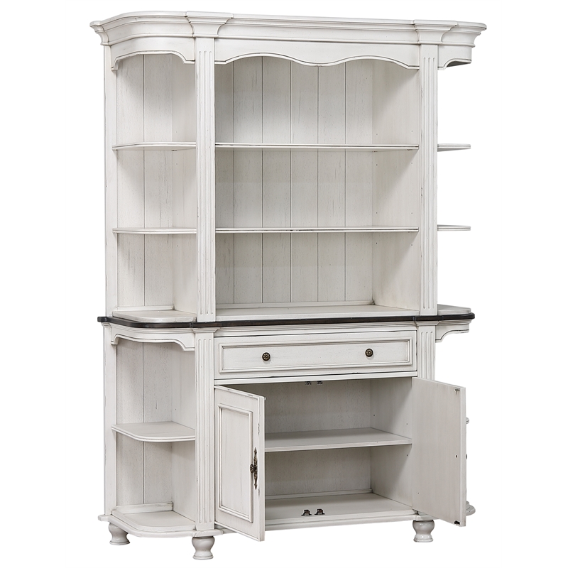 French Chic China Cabinet Hutch w Storage White & Walnut Brown Wood