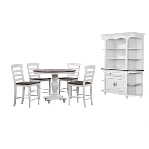 French Chic Round 30-36&quotH Dining Table Set Stools China Cabinet White/Brown Wood