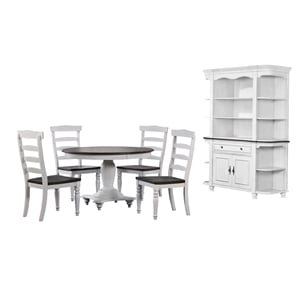 French Chic 7P 48&quot Round 30-36&quotH Dining Table Set China Cabinet White/Brown Wood