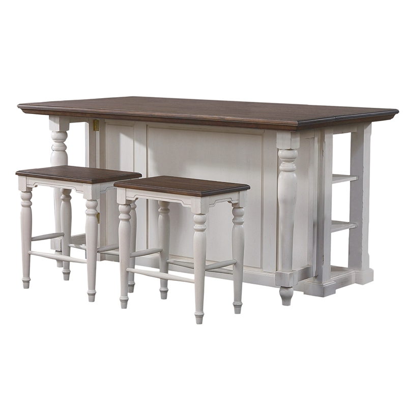 French Chic Expanding Dropleaf Kitchen Island Bar Set 2 Stools White/Brown Wood