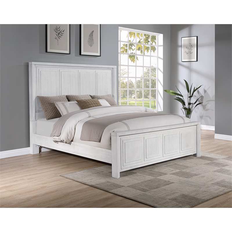 Sunset Trading Dover Queen Size Panel Bed Frame in Cerused White Oak Wood