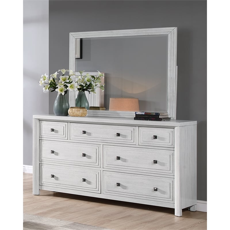 Sunset Trading Dover 7 Drawer Bedroom  Dresser Mirror Set Cerused White Oak Wood