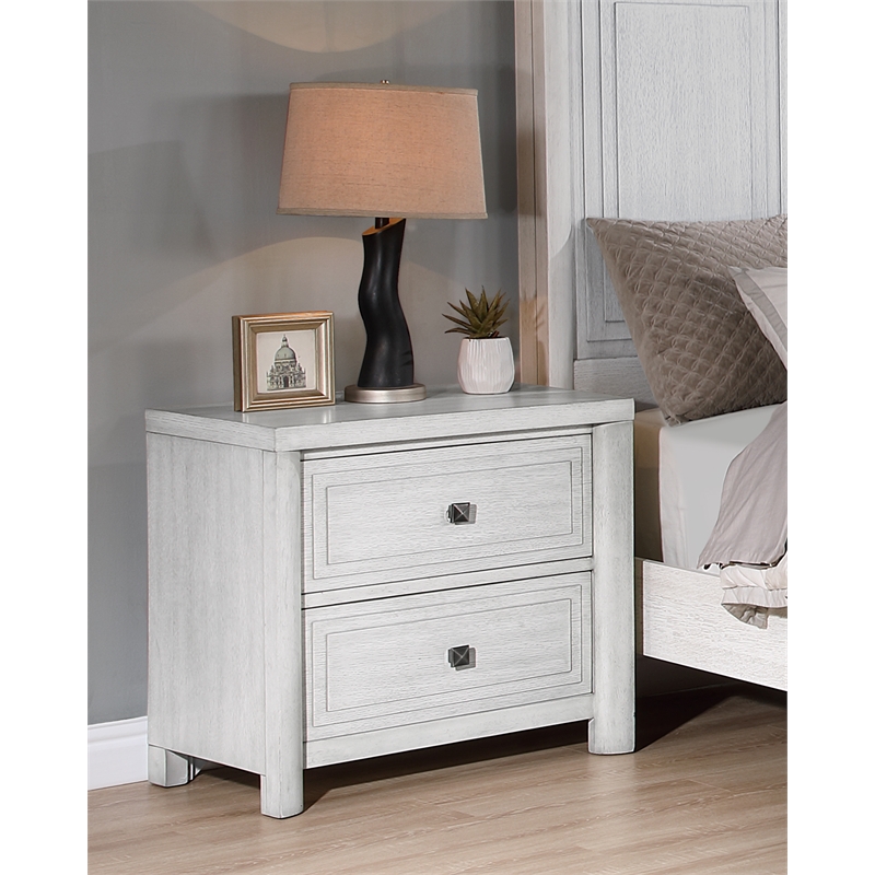 Sunset Trading Dover 2 Drawer Nightstand w USB Charger in Cerused White Oak Wood