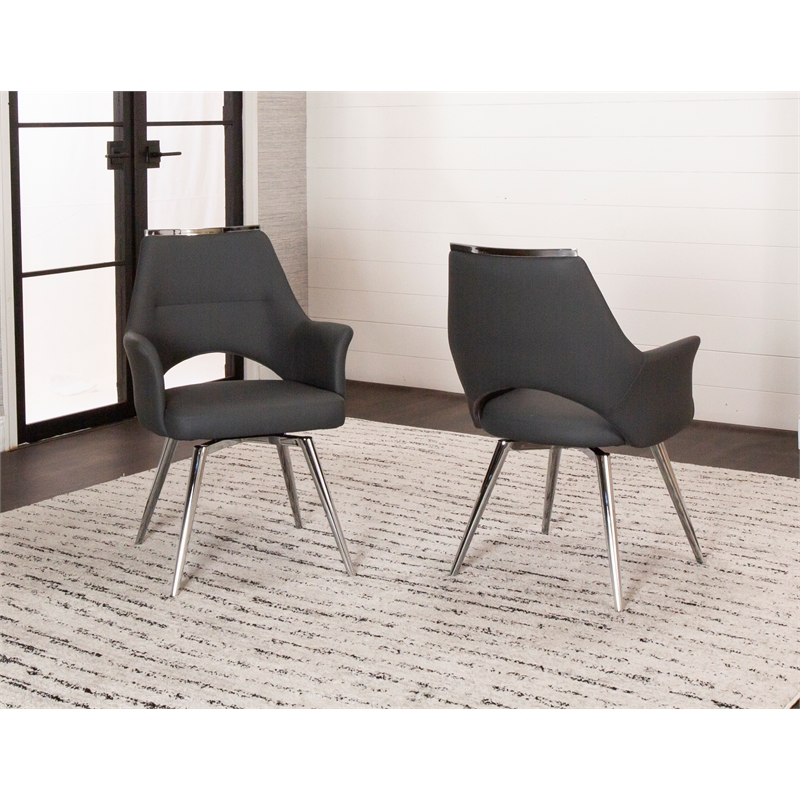 Sunset Trading Atlas Swivel Dining Armchair Dark Gray Faux Leather w Chrome Legs