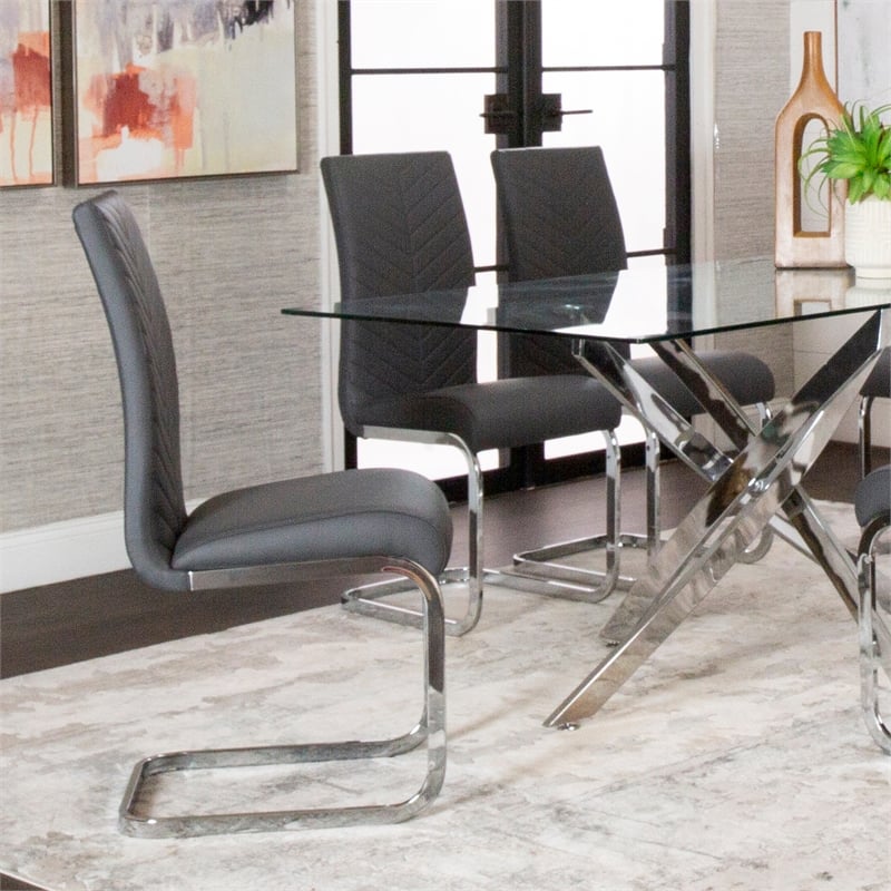 Mist Dark Gray Faux Leather Chrome Cantilever Dining Chairs Set of 2 Sidechairs