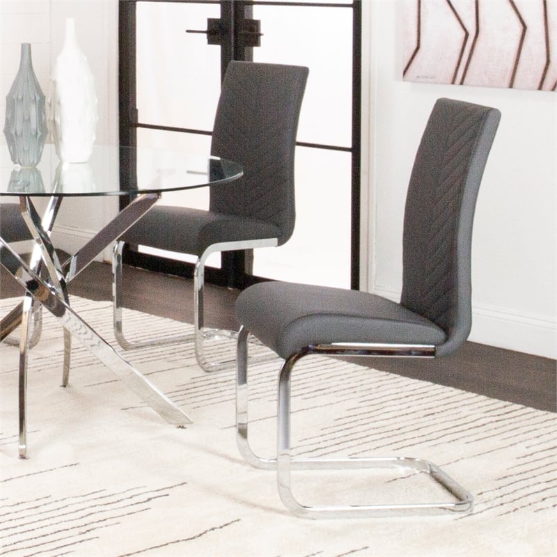 Mist Dark Gray Faux Leather Chrome Cantilever Dining Chairs Set of 2 Sidechairs