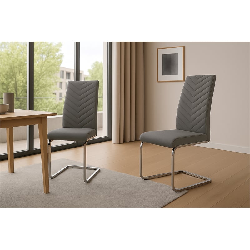 Mist Dark Gray Faux Leather Chrome Cantilever Dining Chairs Set of 2 Sidechairs