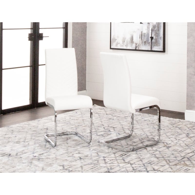 Two Modern Mist White Faux Leather Dining  Side Chairs w Chrome Cantilever Base