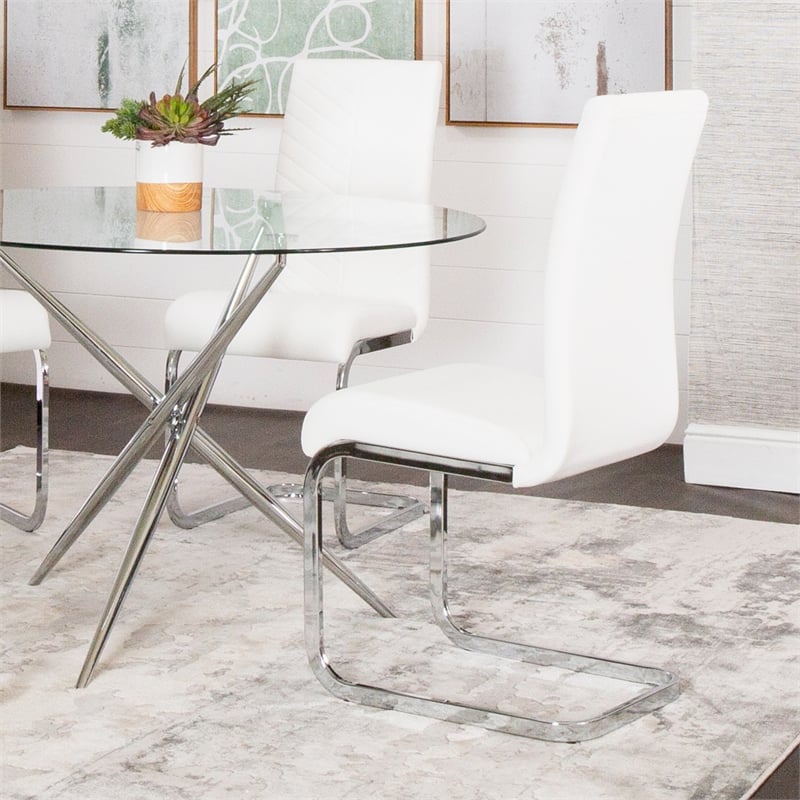 Two Modern Mist White Faux Leather Dining  Side Chairs w Chrome Cantilever Base