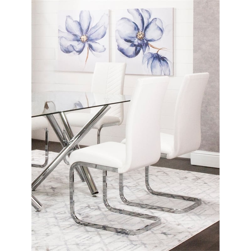 Two Modern Mist White Faux Leather Dining  Side Chairs w Chrome Cantilever Base