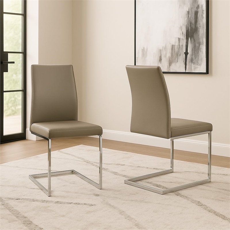 Sela Taupe Beige Faux Leather Padded Dining Chairs Set of 2 Kitchen Side Chairs