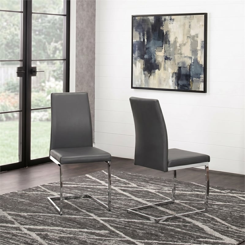Sela Gray Faux Leather Padded Dining Chairs Chrome Cantilever Base Set of 2