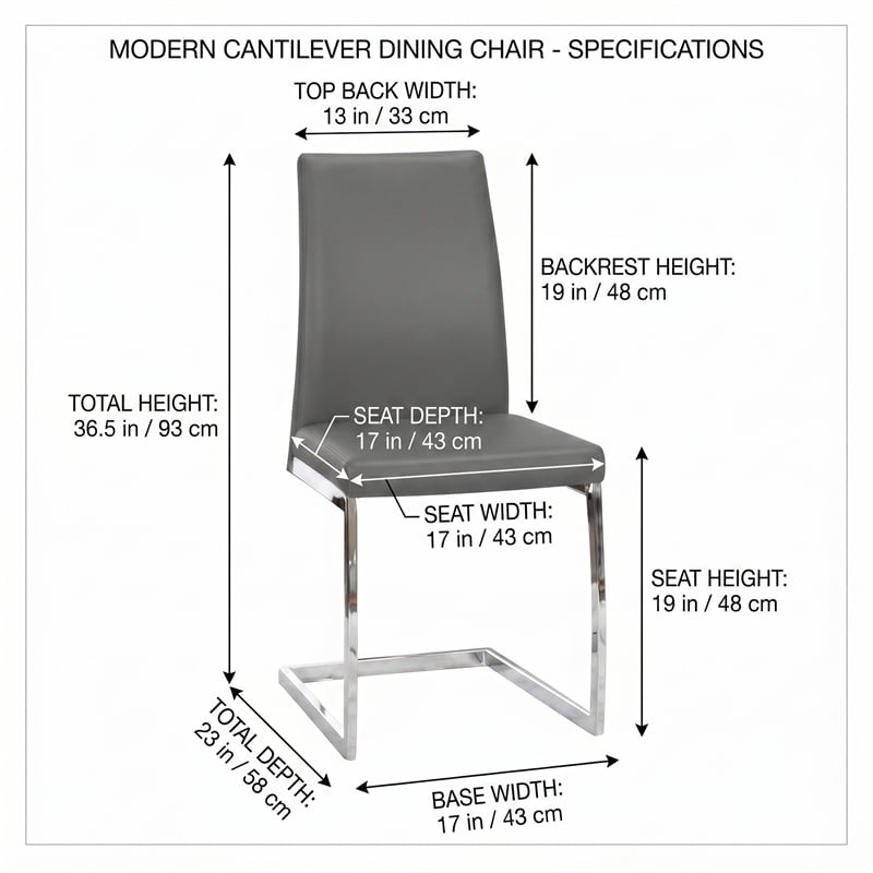 Sela Gray Faux Leather Padded Dining Chairs Chrome Cantilever Base Set of 2