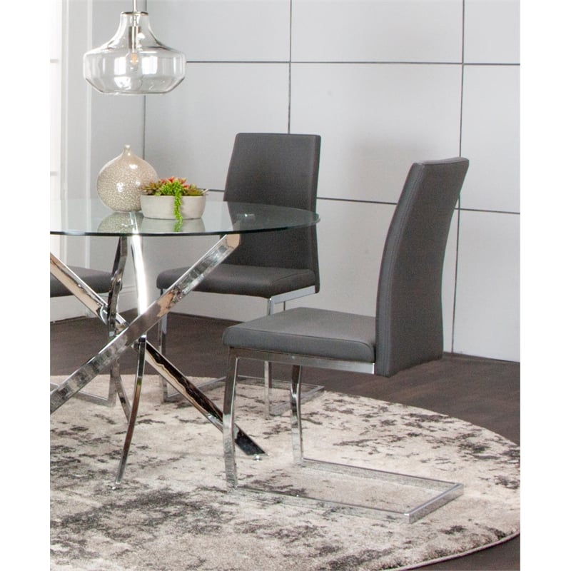 Sela Gray Faux Leather Padded Dining Chairs Chrome Cantilever Base Set of 2